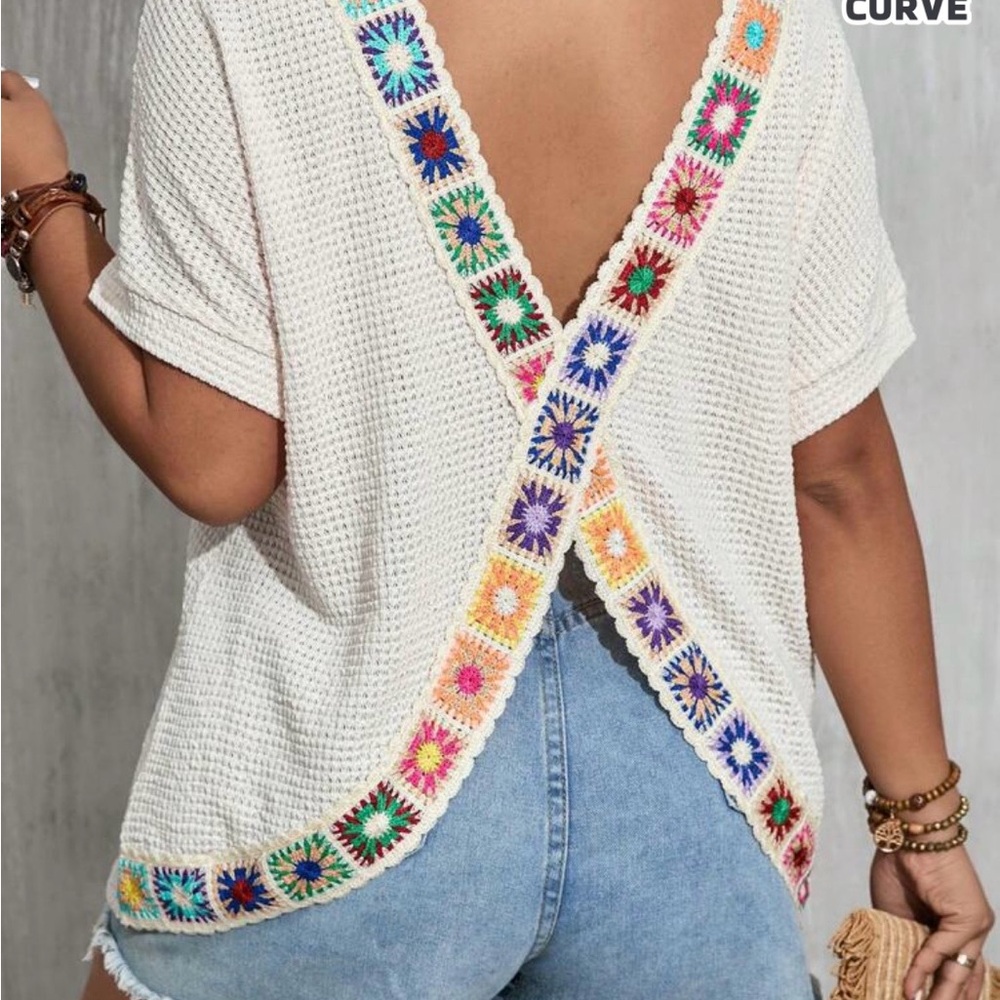 SHEIN Cream Crochet Accent Tee